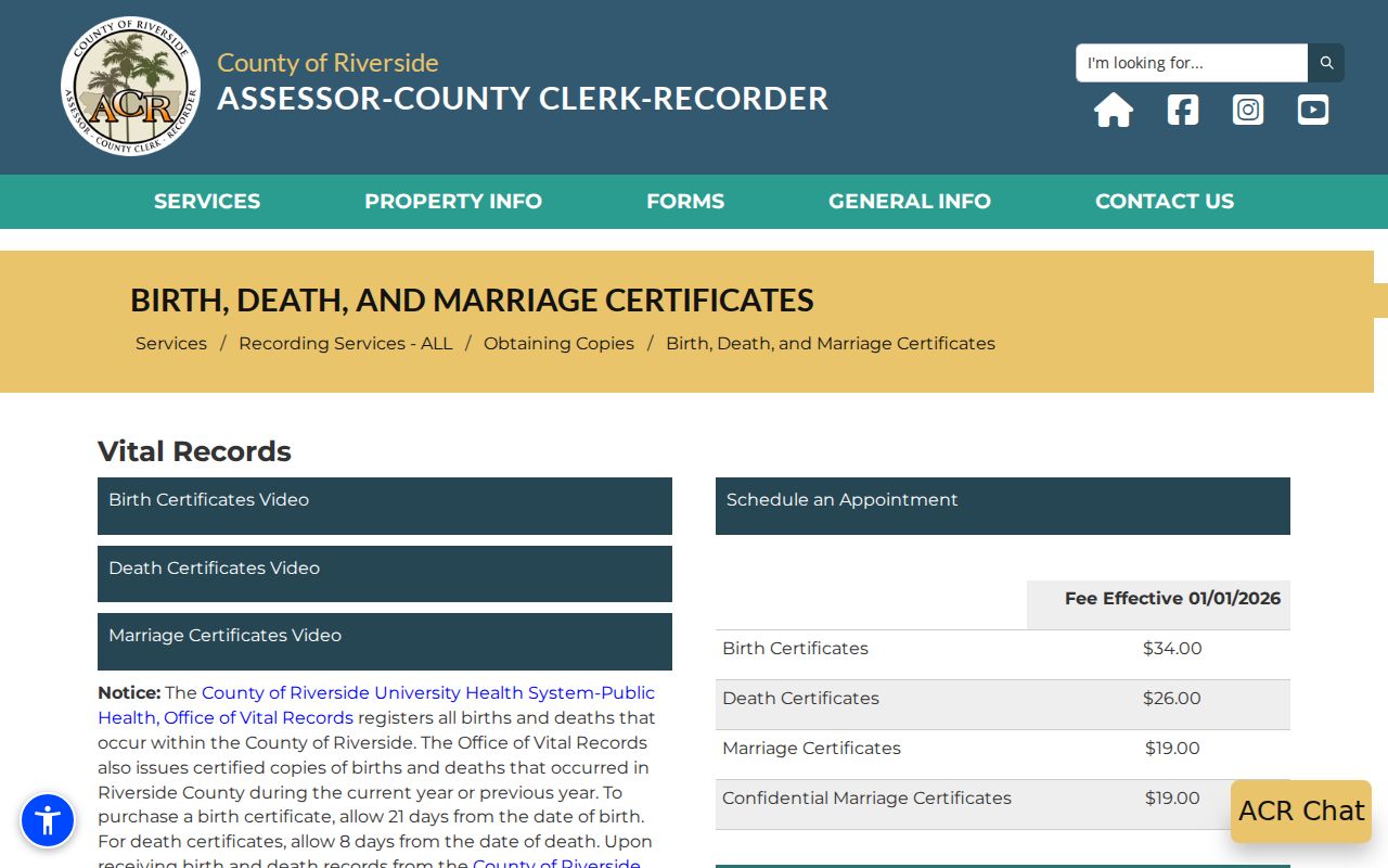 Beaumont previous residents Riverside County vital certificate route